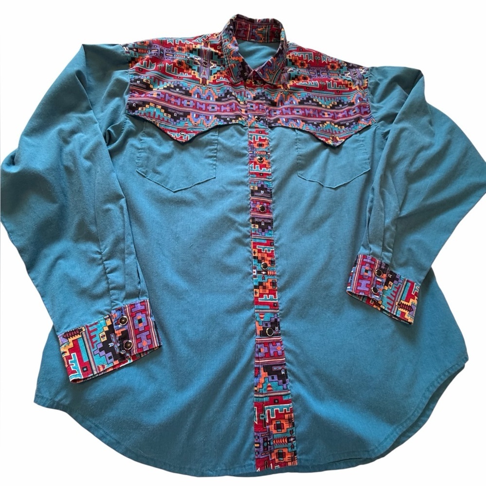 Vintage Western Aztec Patterned Shirt with Black Pearl Snap Buttons-Size 2XL